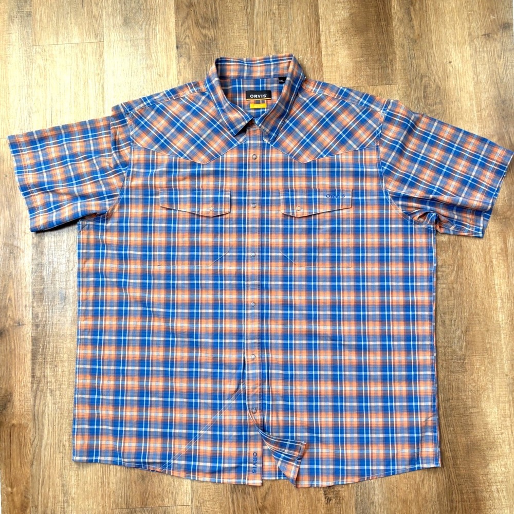 Orvis Mens XXL Active Fit Short Sleeve Plaid Western Snap Shirt Blue Orange - Picture 3 of 8